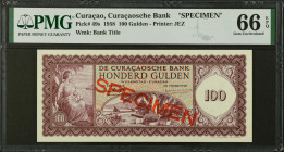 CURACAO. De Curacaosche Bank. 100 Gulden, 1958. P-49s. Specimen. PMG Gem Uncirculated 66 EPQ.
Estimate $400.00 - $600.00