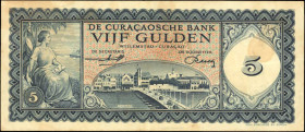 CURACAO. De Curacaosche Bank. 5 Gulden, 1960. P-51. Very Fine.
Allegorical female at left. Design of city at center. Stains are noticed and mentioned...