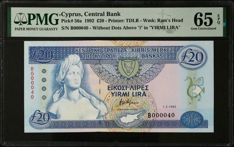 CYPRUS. Central Bank of Cyprus. 20 Pounds, 1992. P-56a. Low Serial Number. PMG G...