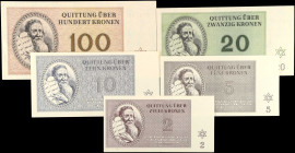 CZECHOSLOVAKIA. Lot of (5). Theresienstadt Ghetto. 2, 5, 10, 20 & 100 Kronen, 1943. P-Unlisted. About Uncirculated.
Estimate $50.00 - $70.00