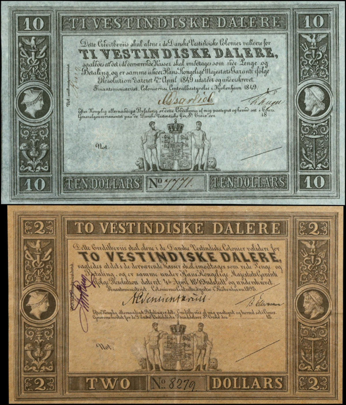 DANISH WEST INDIES. Lot of (2). State Treasury. 2 & 10 Dollars, 1849-98. P-4r & ...