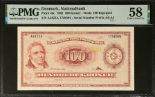 DENMARK. Nationalbank. 100 Kroner, 1962. P-46c. PMG Choice About Uncirculated 58.
Estimate $100.00 - $150.00