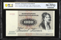 DENMARK. Danmarks Nationalbank. 1000 Kroner, 1972. P-53a. PCGS Banknote Choice About Uncirculated 58 PPQ.
Estimate $200.00 - $400.00