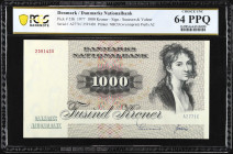 DENMARK. Danmarks Nationalbank. 1000 Kroner, 1977. P-53b. PCGS Banknote Choice Uncirculated 64 PPQ.
PCGS Banknote Pop 2/None Finer.
Estimate $300.00...