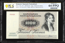 DENMARK. Danmarks Nationalbank. 1000 Kroner, 1977. P-53b. PCGS Banknote Choice Uncirculated 64 PPQ.
PCGS Banknote Pop 2/None Finer. This note is cons...