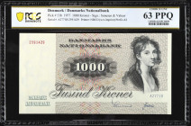 DENMARK. Danmarks Nationalbank. 1000 Kroner, 1977. P-53b. PCGS Banknote Choice Uncirculated 63 PPQ.
PCGS Banknote Pop 1/2 Finer.
Estimate $300.00 - ...