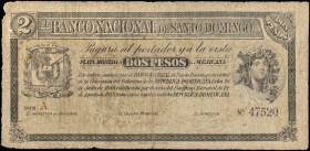 DOMINICAN REPUBLIC. El Banco Nacional de Santo Domingo. 2 Pesos, 1889. P-S142. Very Good.
Typical issues for the assigned condition. SOLD AS IS/NO RE...