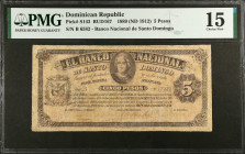DOMINICAN REPUBLIC. Banco Nacional de Santo Domingo. 5 Pesos, 1889 (ND 1912). P-S143. PMG Choice Fine 15.
PMG comments "Restoration".
Estimate $200....