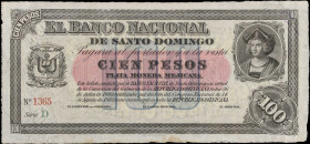 DOMINICAN REPUBLIC. El Banco Nacional de Santo Domingo. 100 Pesos, 1889. P-S147r. Remainder. Fine.
Staining. Annotations. SOLD AS IS/NO RETURNS. 
Es...