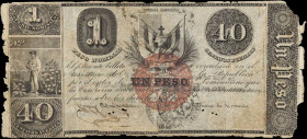 DOMINICAN REPUBLIC. Republica Dominicana. 20 Pesos, 1848. P-6. Good.
A scarce catalog number, offered here in Good condition. The note is very frail,...