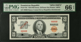 DOMINICAN REPUBLIC. Banco Central de la Republica Dominicana. 20 Pesos Oro, ND (1958). P-83s. Specimen. PMG Gem Uncirculated 66 EPQ.
Printed by ABNC....
