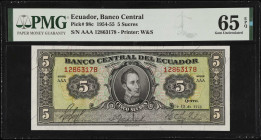 ECUADOR. Banco Central del Ecuador. 5 Sucres, 1954-55. P-98c. PMG Gem Uncirculated 65 EPQ.
Estimate $100.00 - $200.00