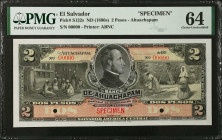 EL SALVADOR. El Banco de Ahuachapam. 2 Pesos, ND (1890s). P-S122s. Specimen. PMG Choice Uncirculated 64.
PMG comments "Pinhole".
Estimate $500.00 - ...