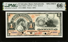 EL SALVADOR. El Banco Salvadoreno. 1 Peso, 1914-19. P-S202cs. Specimen. PMG Gem Uncirculated 66 EPQ.
Estimate $400.00 - $750.00