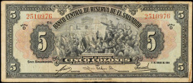 EL SALVADOR. Lot of (2). El Banco Central de Reserva de El Salvador. 1 & 5 Colones, 1947. P-83 & 84. Very Fine & About Uncirculated.
P-83 is in AU co...