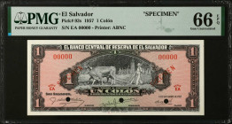 EL SALVADOR. El Banco Central de Reserva de El Salvador. 1 Colon, 1957. P-93s. Specimen. PMG Gem Uncirculated 66 EPQ.
Estimate $150.00 - $250.00