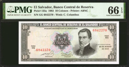 EL SALVADOR. Lot of (2). El Banco Central de Reserva de El Salvador. 5 & 10 Colones, 1983-90. P-135a & 138a. PMG Gem Uncirculated 66 EPQ & Superb Gem ...