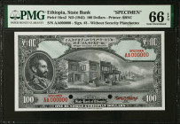 ETHIOPIA. State Bank of Ethiopia. 100 Dollars, ND (1945). P-16cs2. Specimen. PMG Gem Uncirculated 66 EPQ.
Estimate $250.00 - $450.00
