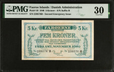 FAEROE ISLANDS. Danmarks Nationalbank. 5 Kroner, 1940. P-10. PMG Very Fine 30.
Estimate $300.00 - $400.00