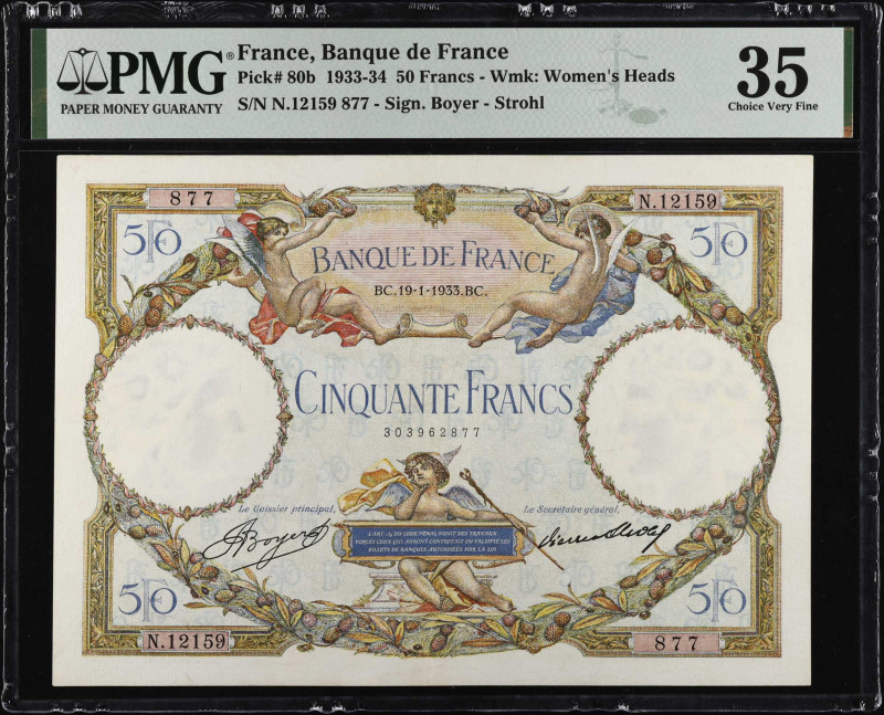 FRANCE. Banque de France. 50 Francs, 1933. P-80b. PMG Choice Very Fine 35.
Esti...