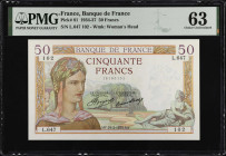 FRANCE. Banque de France. 50 Francs, 1935. P-81. PMG Choice Uncirculated 63.
PMG comments "Pinholes".
Estimate $300.00 - $450.00