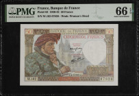 FRANCE. Banque de France. 50 Francs, 1940-42. P-93. PMG Gem Uncirculated 66 EPQ.
Estimate $50.00 - $100.00