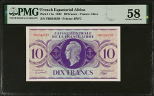 FRENCH EQUATORIAL AFRICA. Caisse Centrale de la France Libre. 10 Francs, 1941. P-11a. PMG Choice About Uncirculated 58.
PMG Pop 1/None Finer.
Estima...