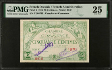 FRENCH OCEANIA. Chambre de Commerce des Etablissements Francais de l'Oceanie. 50 Centimes, 1919. P-2. PMG Very Fine 25.
Estimate $200.00 - $350.00