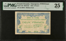FRENCH OCEANIA. Caisse des Etablissements Francais de l'Oceanie. 2 Francs, 1943. P-12d. PMG Very Fine 25.
Estimate $450.00 - $650.00