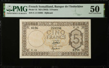 FRENCH SOMALILAND. Banque de L'Indochine. 5 Francs, ND (1945). P-14. PMG About Uncirculated 50.
Estimate $500.00 - $700.00