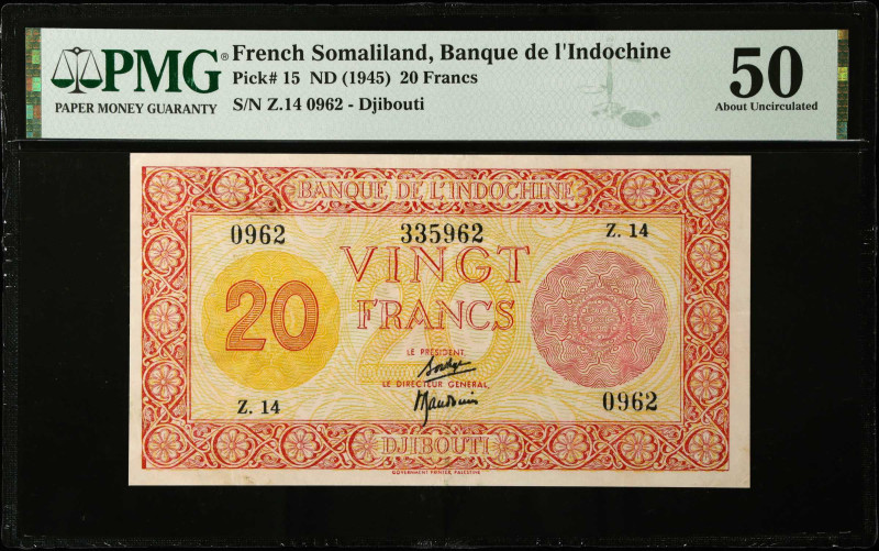 FRENCH SOMALILAND. Banque De L'Indochine. 20 Francs, ND (1945). P-15. PMG About ...