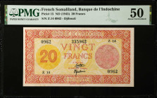 FRENCH SOMALILAND. Banque De L'Indochine. 20 Francs, ND (1945). P-15. PMG About Uncirculated 50.
PMG comments "Staple Holes".
Estimate $500.00 - $75...