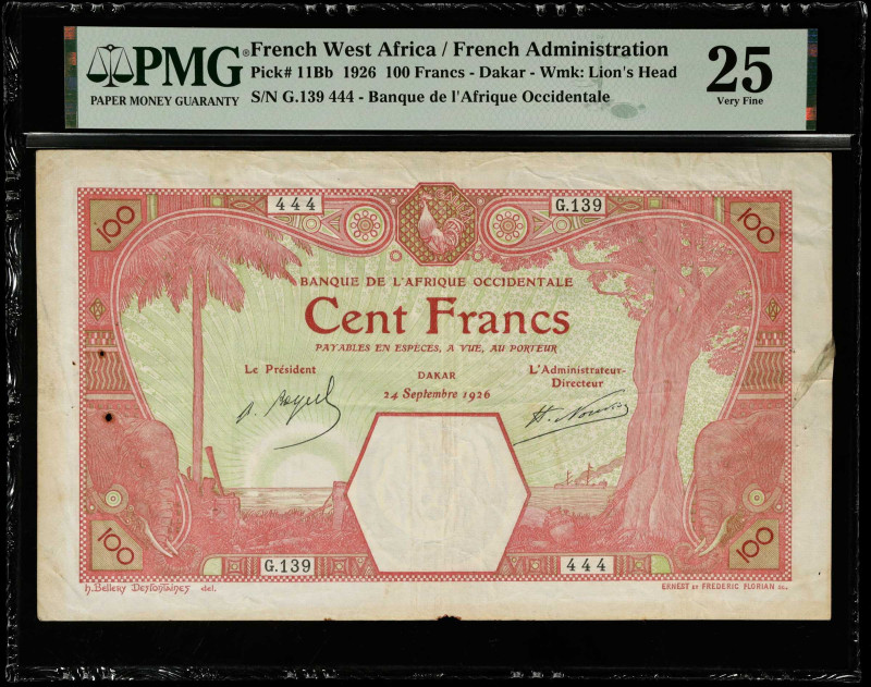 FRENCH WEST AFRICA. Banque de L'Afrique Occidentale. 100 Francs, 1926. P-11Bb. P...