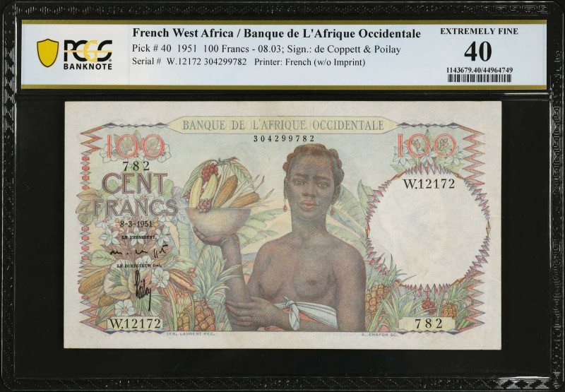 FRENCH WEST AFRICA. Banque de l'Afrique Occidentale. 100 Francs, 1951. P-40. PCG...