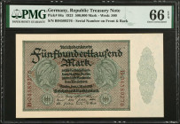 GERMANY. Lot of (2). Reichsbank. 500,000 Mark, 1923. P-88a & 88b. PMG Choice Uncirculated 64 EPQ & Gem Uncirculated 66 EPQ.
Estimate $200.00 - $300.0...