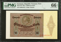 GERMANY. Reichsbank. 5 Millionen Mark, 1923. P-90. PMG Gem Uncirculated 66 EPQ.
Estimate $150.00 - $200.00