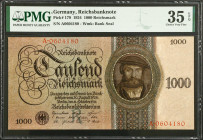 GERMANY. Reichsbank. 1000 Reichsmark, 1924. P-179. PMG Choice Very Fine 35 EPQ.
Estimate $200.00 - $400.00