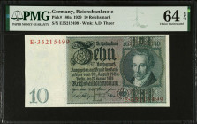 GERMANY. Lot of (3). Reichsbank. 10, 50 & 100 Reichsmark, 1929-35. P-180a, 182b & 183a. PMG Choice Uncirculated 64 EPQ to Superb Gem Unc 67 EPQ.
Esti...