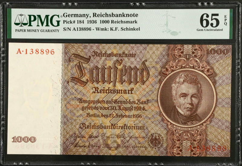 GERMANY. Reichsbank. 1000 Reichsmark, 1936. P-184. PMG Gem Uncirculated 65 EPQ....