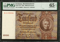 GERMANY. Reichsbank. 1000 Reichsmark, 1936. P-184. PMG Gem Uncirculated 65 EPQ.
Estimate $300.00 - $500.00