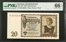 GERMANY. Lot of (2). Reichsbank. 5 & 20 Reichsmark, 1939-42. P-185 & 186a. PMG Choice Uncirculated 64 EPQ & Gem Uncirculated 66 EPQ.
Estimate $200.00...
