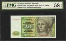 GERMANY, FEDERAL REPUBLIC. Deutsche Bundesbank. 20 Deutsche Mark, 1960. P-20a. PMG Choice About Uncirculated 58 EPQ.
Estimate $25.00 - $50.00