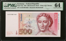 GERMANY, FEDERAL REPUBLIC. Deutsche Bundesbank. 500 Deutsche Mark, 1991. P-43a. PMG Choice Uncirculated 64.
Estimate $500.00 - $800.00