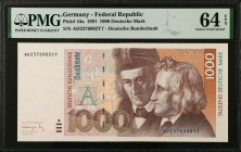GERMANY, FEDERAL REPUBLIC. Lot of (2). Deutsche Bundesbank. 1000 Deutsche Mark, 1991. P-44a. PMG Choice Uncirculated 64 EPQ & Superb Gem Unc 67 EPQ.
...