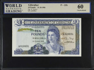 GIBRALTAR. Lot of (3). Government of Gibraltar. 10 Pounds, 1986. P-22b. Consecutive. WBG Uncirculated 60.
WBG comments "Toning" on all three notes.
...