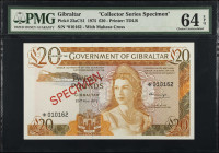 GIBRALTAR. Government of Gibraltar. 20 Pounds, 1975. P-23aCS1. Collector Series Specimen. PMG Choice Uncirculated 64 EPQ.
Estimate $100.00 - $200.00