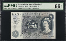 GREAT BRITAIN. Bank of England. 5 Pounds, ND (1962-66). P-375a. PMG Gem Uncirculated 66 EPQ.
Estimate $150.00 - $250.00