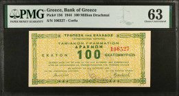 GREECE. Trapeza tis Ellados. 100 Million Drachmai, 1944. P-156. PMG Choice Uncirculated 63.
Estimate $200.00 - $300.00