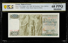 GREECE. Bank of Greece. 500 Drachmai, 1968. P-197a. PCGS Banknote Superb Gem Uncirculated 68 PPQ.
Estimate $300.00 - $500.00