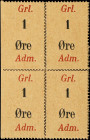 GREENLAND. Lot of (4). Gronlands Administration. 1 & 5 Ore, 1940. P-M1 & M3. About Uncirculated.
Included is a block of 4 P-M1 and three P-M3. The bl...
